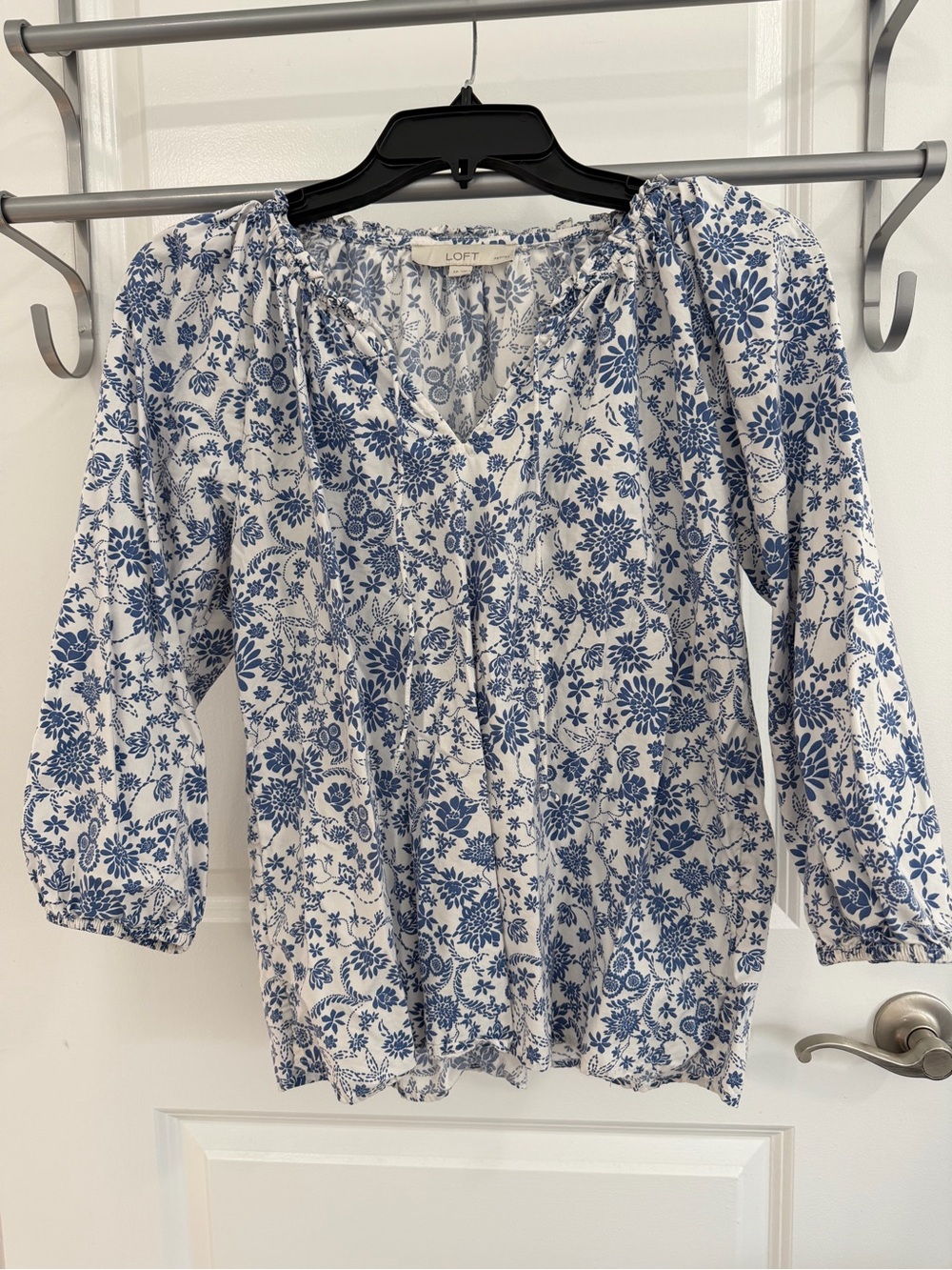 LOFT White Top with Blue Floral Print